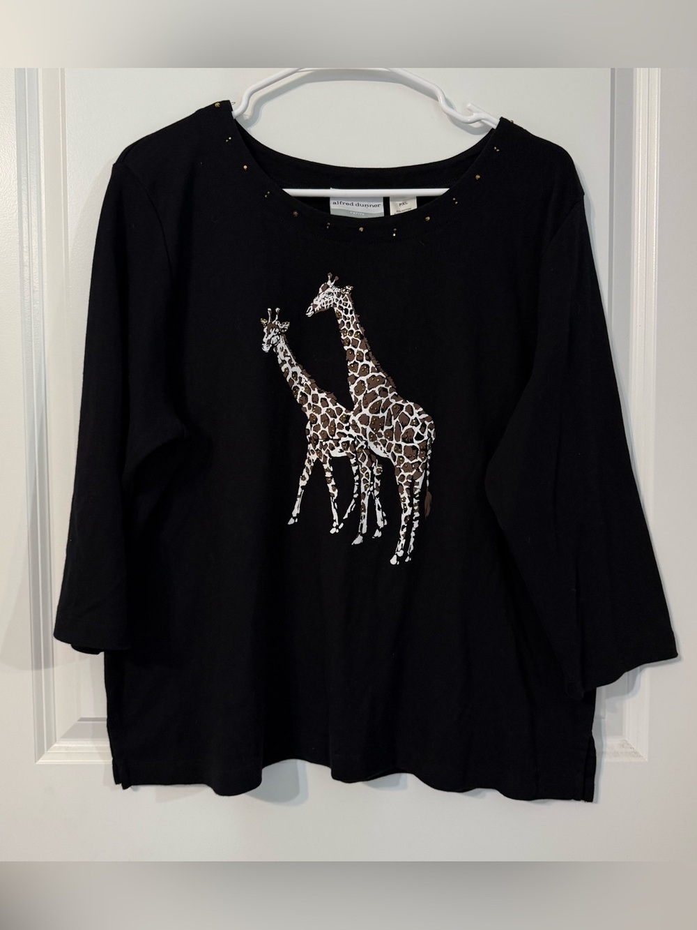 Alfred Dunner Petite XL Black Giraffe Embellished 3/4 Sleeve Top